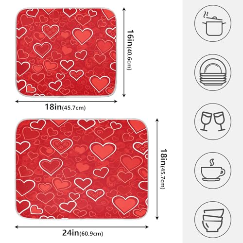 Red Hearts Cute Dish Drying Mat for Kitchen Counter Absorbent Microfiber Small Drying Pad Dish Mats for Kitchen Countertops 16 x 18 Inch