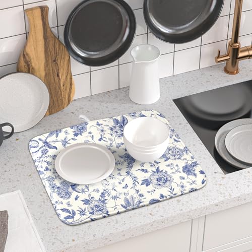Chinoiserie Flower Dish Drying Mat Blue Leaves Dishes Drying Pad Reusable Washable Kitchen Countertop Protector Dish Drainer Mat 16x18 Inch