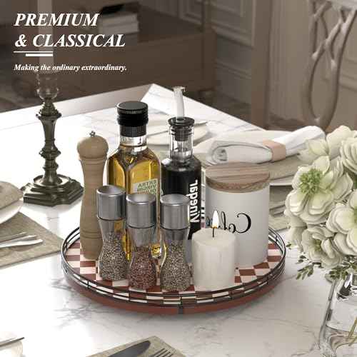 13 Inch Brown White Checkerboard Lazy Susan with Black Metal Rail