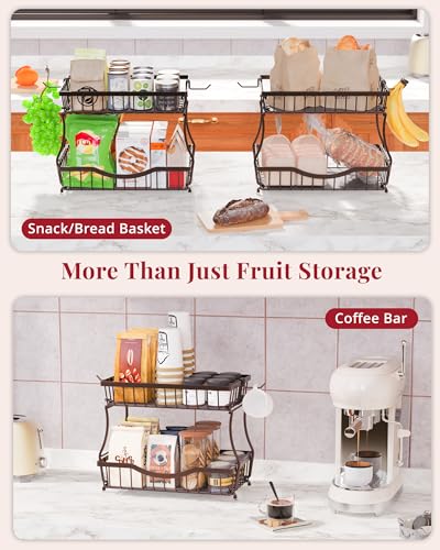 Large 2 Tier Fruit Basket for Kitchen Counter with 2 Banana Hangers (2 Count)