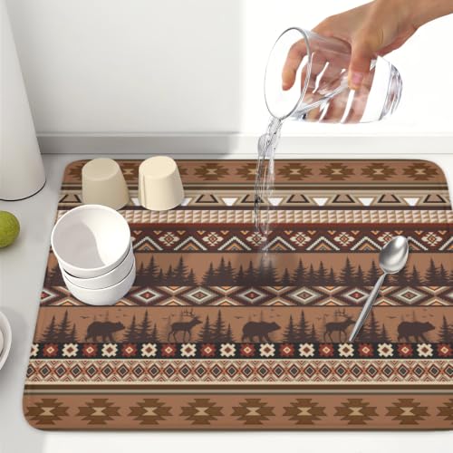Rustic Bear Deer Dish Drying Mat Boho Ethnic Drainer Rack Pad 18x24 Inch Microfiber Absorbent Dish Sink Mat for Counter Kitchen Tableware