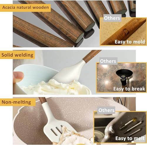 Non Stick Silicone Kitchen Utensils Set with Natural Acacia Hard Wood Handle (8 Count)