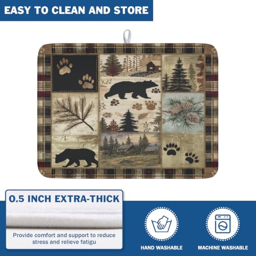 Black Bear Dish Drying Mat Forest Cabin Decorative Dishes Pad 18x24 Inch Absorbent Fast Dry Dish Drainer Rack Mats for Kitchen Counter Sink