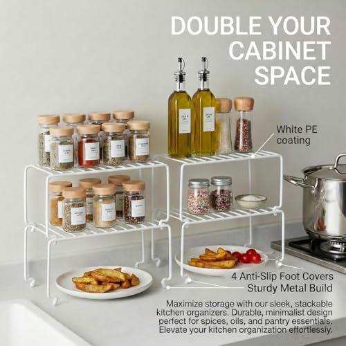 4-Pack Small (10.8x5.3inch) White Stackable Shelf Organizer Rack, Wire Shelf Rack for Kitchen Cabinet, Pantry, Desk Organization and Storage, Rustproof (4 Count)