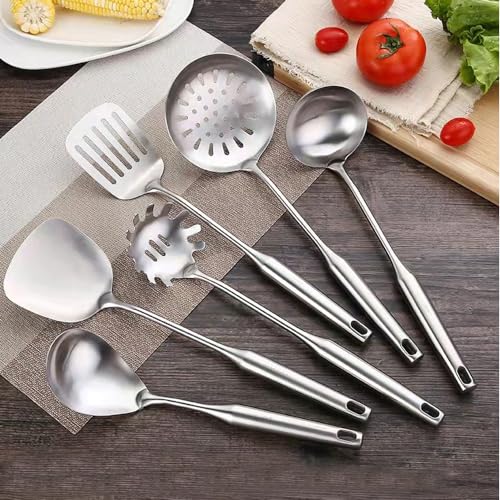 18 10 Stainless Steel Cooking Utensils Set 6 Pcs Metal Long Handle Kitchen Utensil