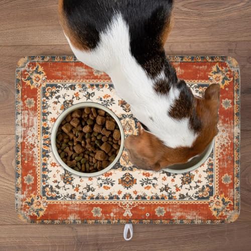 Ethnic Boho Dish Drying Mat Rust Coral Floral Decorative Dishes Pad 18x24 Inch Absorbent Fast Dry Drainer Rack Mats for Kitchen Countertop