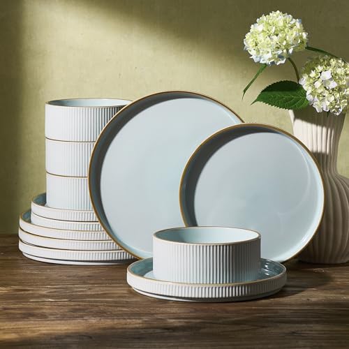 Plates and Bowls Set with Rim (12 Count)