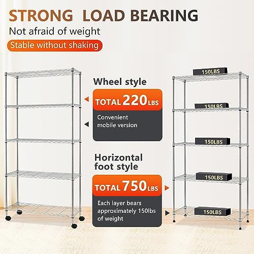 5 Tier Wire Storage Shelves with Wheels (20000 Ounce)