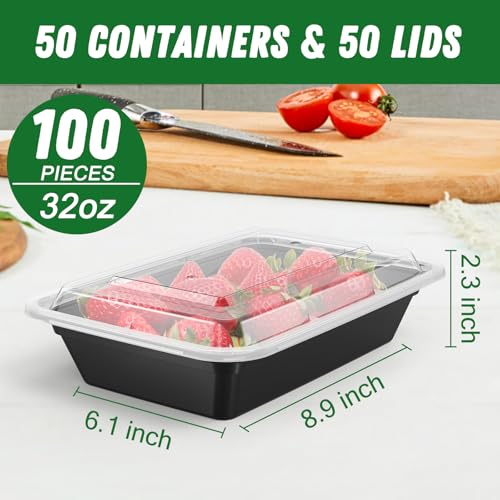 50 Pack (100-Piece) 32 oz Meal Prep Containers Reusable with Lids (50 Count)