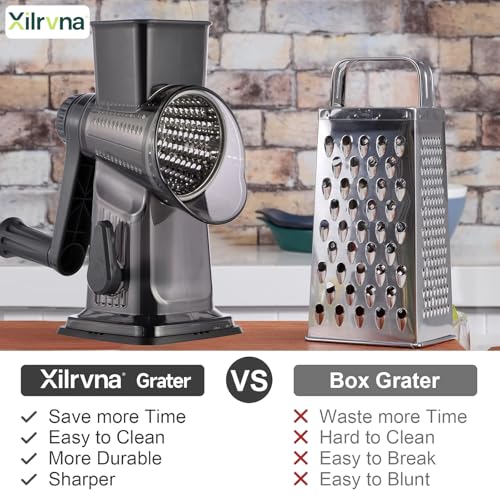 Rotary Cheese Grater with Handle Kitchen Shredder Slicer Grater Slicer Ice Shaver Cheese Vegetable Nuts Potato Zucchini Chocolate 3 Interchangeable Blades