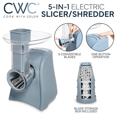 5-in-1 Electric Slicer, 150W Food Prep Machine – Parmesan Shredder, Fine & Coarse Graters, Potato Grater, Vegetable Slicer, Compact Design for Bowl Prep, Blue/Grey