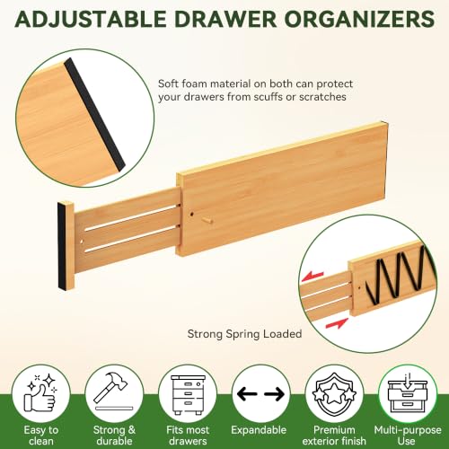 6 Pack Bamboo Drawer Dividers 4.65" High Adjustable from 17'' to 22'' (6 Count)