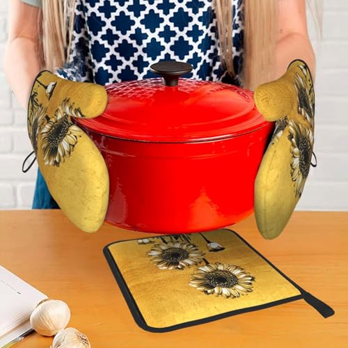 Sunflower Oven Mitts and Pot Holders Set of 3 Gold Oven Glove (3 Count)