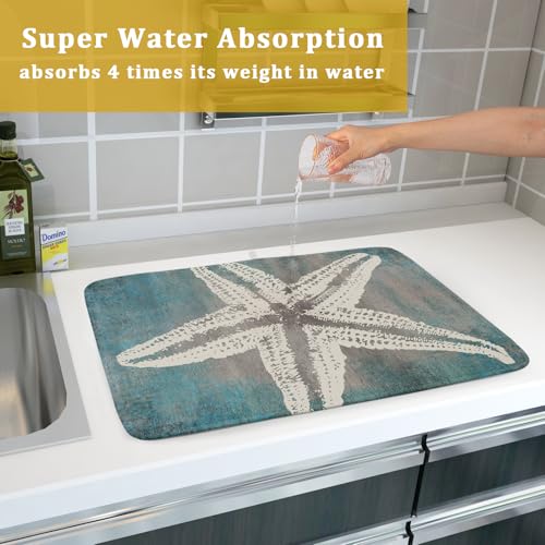 Vintage Starfish Dish Drying Mat Coastal Beachy Nautical Drainer Rack Mat 18"x24" Absorbent Washable Dish Dry Pad for Kitchen Counter Sink