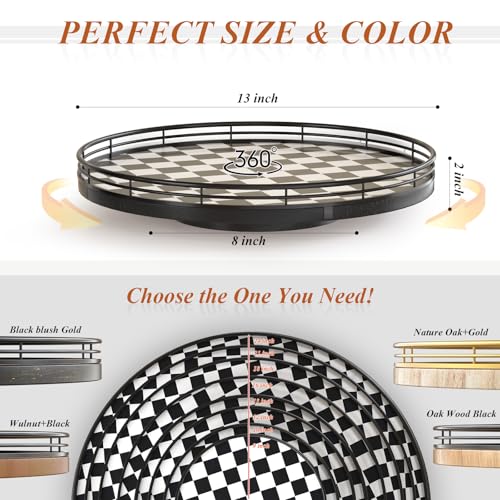 13 Inch Black and White Checkerboard Lazy Susan with Oak Wood Base