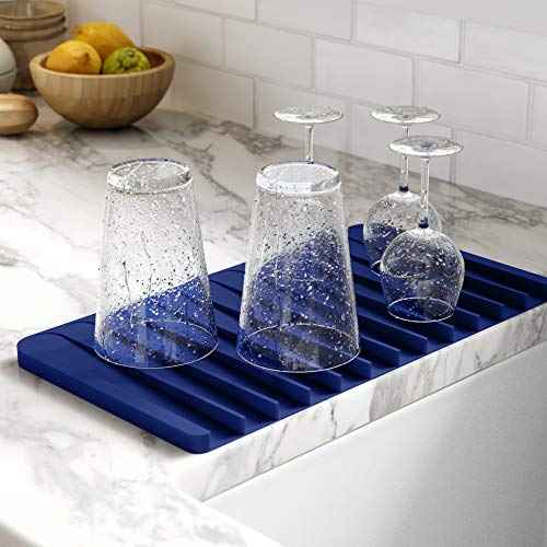 Self Draining Silicone Dish Drying Mat or Trivet for Kitchen Counter in Dark Blue