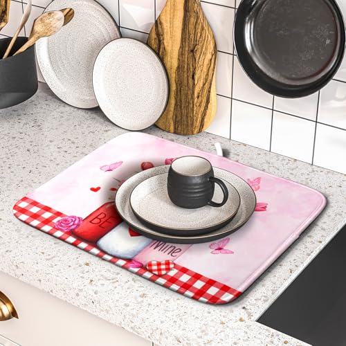Rose Vase Dish Drying Mat 16x18 inch Romantic Floral Washable Absorbent Dish Dry Pad Fast Dry Drainer Rack Mats Kitchen Counter Accessories