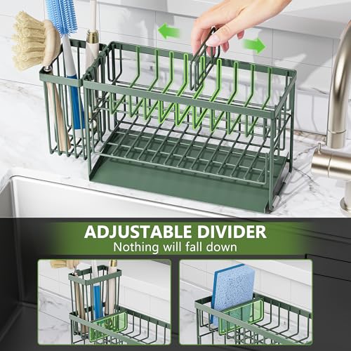 Sage Green 2 Tier Kitchen Sink Caddy Organzier Rack with Flexible Dish Brush Holder