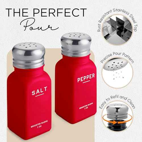 Red Salt and Pepper Shakers Set with Holder by Brighter Barns