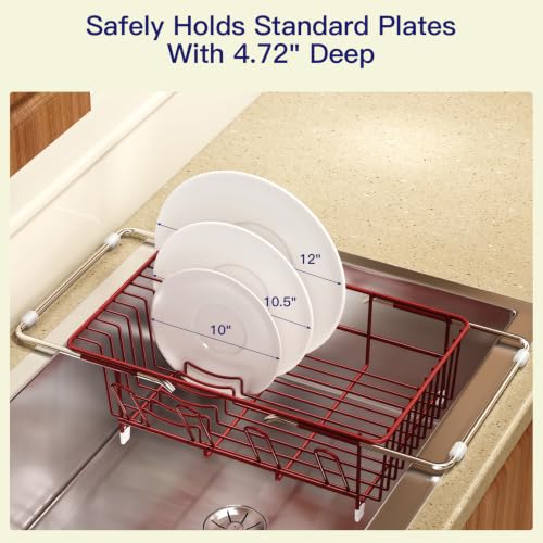 Red Expandable Dish Drying Rack Over Sink with Extra Drainboard