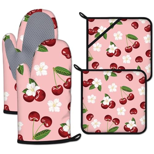 Cherry Oven Mitts and Pot Holders Sets Heat Resistant 4Pcs White Flower Potholders Oven Gloves Hot Pads for Kitchen Baking Cooking Grilling BBQ (4 Count)