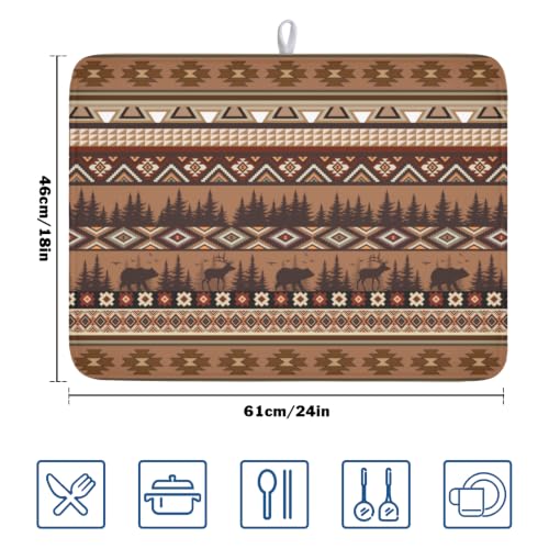 Rustic Bear Deer Dish Drying Mat Boho Ethnic Drainer Rack Pad 18x24 Inch Microfiber Absorbent Dish Sink Mat for Counter Kitchen Tableware
