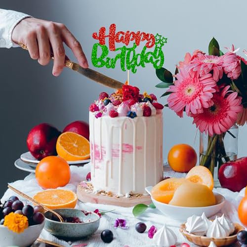 1Pcs Happy Birthday Cake Topper Glitter Happy Birthday Cake Pick for Christmas Theme Baby Shower Anniversary Party Decorations Supplies Red Green