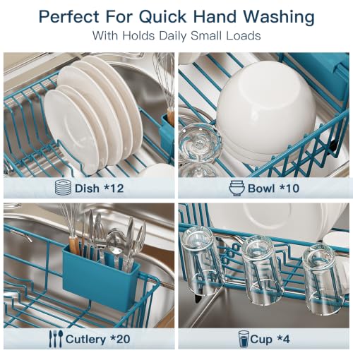 Blue Expandable Dish Drying Rack Over Sink with Anti