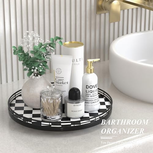 13 Inch Black and White Checkerboard Lazy Susan with Oak Wood Base