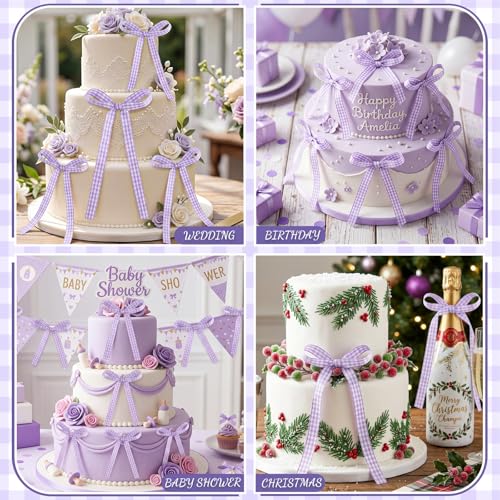 30 Pack Bow Cake Toppers Purple Gingham Ribbon Bows for Cake (30 Count)