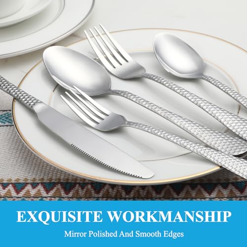 60 Pcs Hammered Silverware Set Service for 12 (60 Count)