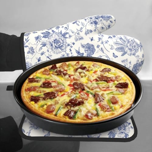Chinoiserie Flower Oven Mitts and Pot Holder Blue Leaves Heat Resistant 2Pcs Washable Oven Gloves Hot Pads for Kitchen Baking Grilling BBQ