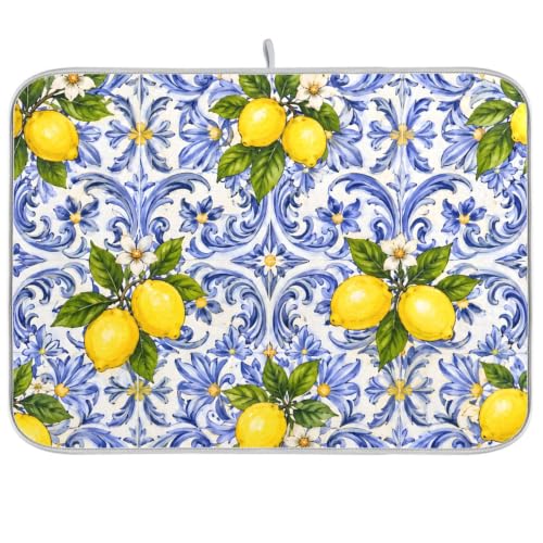 Lemon Blue Tiles Dish Drying Mat for Kitchen Counter Absorbent Microfiber Drying Pad