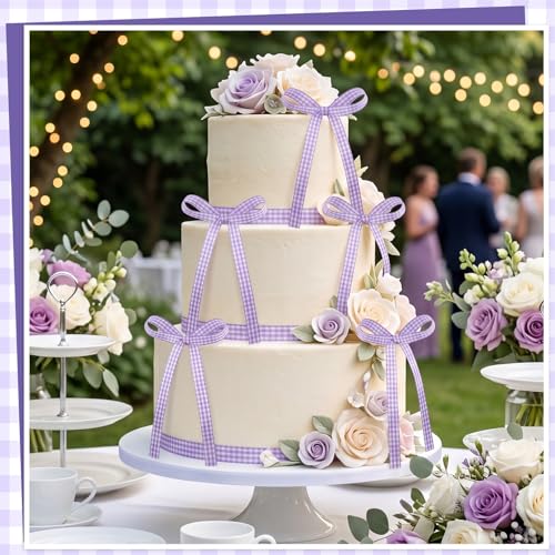 30 Pack Bow Cake Toppers Purple Gingham Ribbon Bows for Cake (30 Count)