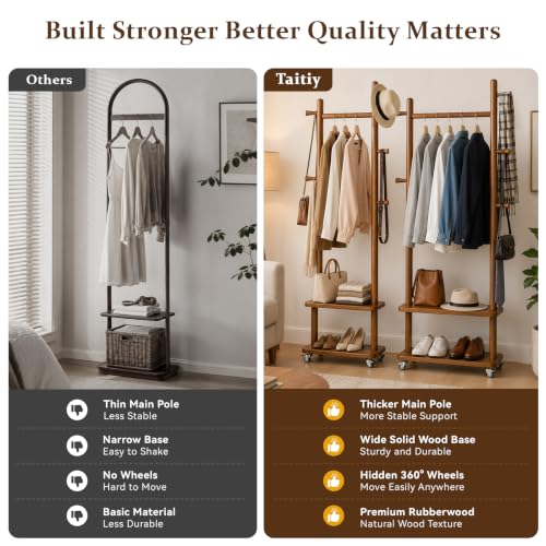 Small Clothes Rack Solid Wood Coat Rack Freestanding with Wheels