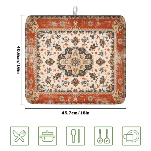 Ethnic Boho Dish Drying Mat Rust Coral Floral Decorative Dishes Pad 16x18 Inch Absorbent Fast Dry Drainer Rack Mats for Kitchen Countertop