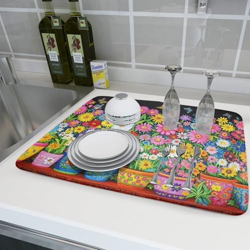 Vintage Flowers Dish Drying Mats Spring Floral Drying Matt Kitchen Counter 18x24