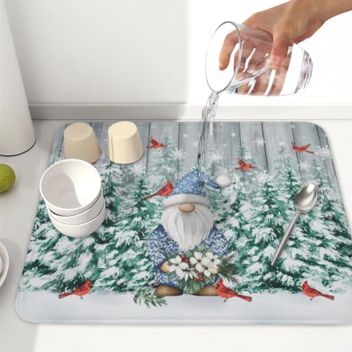 Winter Gnome Dish Drying Mat Pine Tree Dishes Pad 16"x18" Microfiber Absorbent Fast Dry Drainer Rack Mats Protector for Kitchen Countertop
