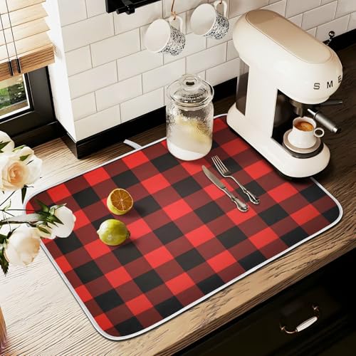Christmas Red Black Buffalo Plaid Dish Drying Mat for Kitchen Counter Absorbent Microfiber Large Drying Pad Dish Mats for Kitchen Countertops 18 x 24 Inch