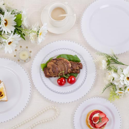 100pcs White Plastic Plates with Silver Beads for Bridal Showers (100 Count)