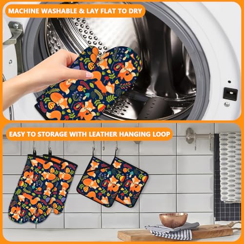 Cute Fox Oven Mitts and Pot Holders Sets 4Pcs