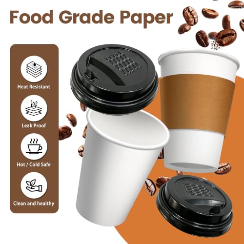 16 oz Disposable Paper Coffee Cups with Lids & Sleeves (100 Count)