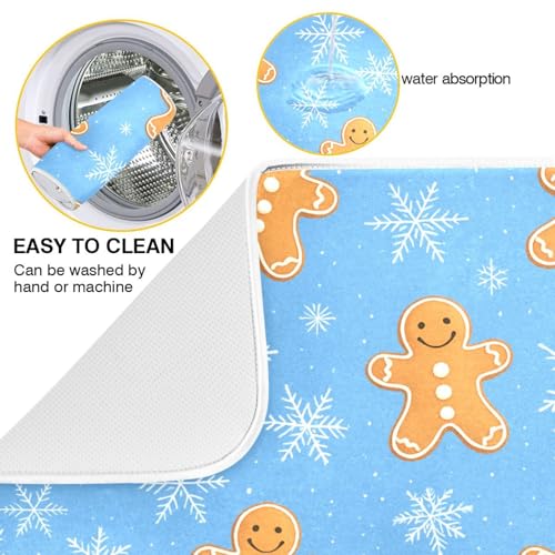 Snowflake Gingerbread Cookie Blue Dish Drying Mat for Kitchen Counter Absorbent Microfiber Drying Pad