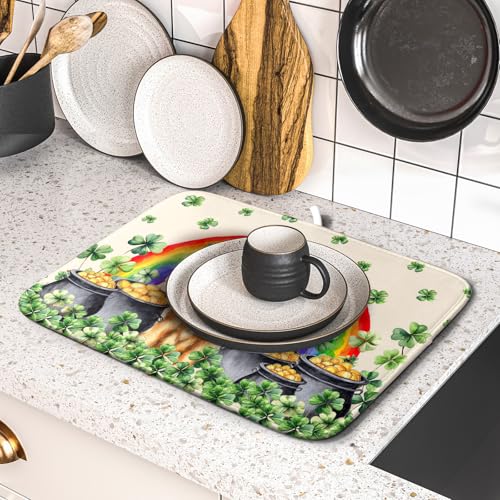 St Patricks Day Drying Mat Samll Lucky Clovers Green Kitchen Decor Counter Mats for Dog Lover