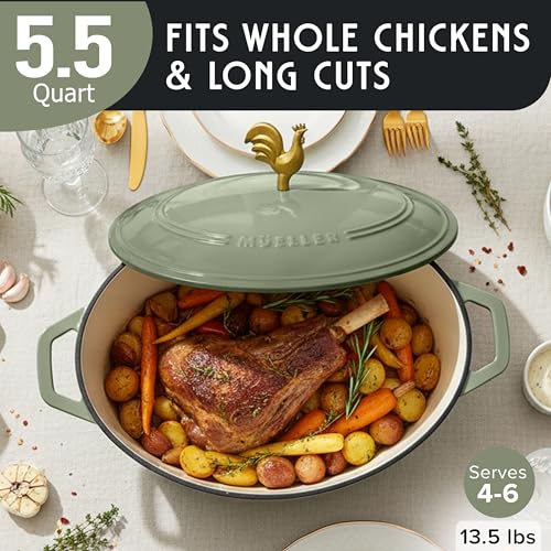 MUELLER HOME 5.5 Quart Enameled Cast Iron Oval Dutch Oven w Rooster Knob & Cotton Potholders