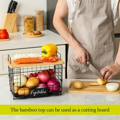 2 Set XL Stackable Wire Basket with Bamboo Tops & Tags (2 Count)