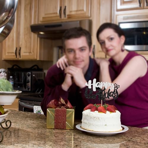 1Pcs Happy Birthday Cake Topper Glitter Cake Pick for Celebrating Anniversary Theme Party Cake Decorations Supplies Black and Silver