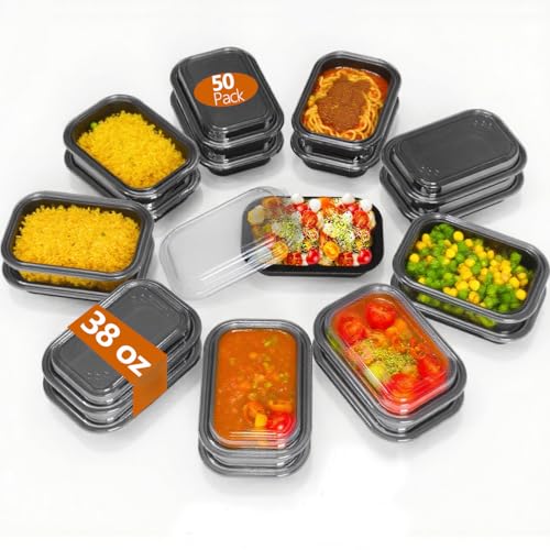 50 Pack (100-Piece) - 38oz Meal Prep Containers Salad & Snack Storage for Lunch | BPA Free & Leakproof Food Containers | To Go Take Out Plastic Bento Box | Microwave, Freezer, Dishwasher Safe (50 Count)