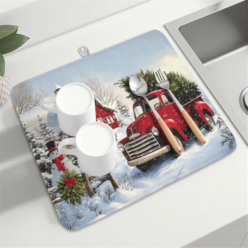 Red Truck Dish Drying Mat Winter Xmas Tree Drainer Rack Pad 16"x18" Microfiber Absorbent Quick Dry Dish Sink Mat for Table Kitchen Counter