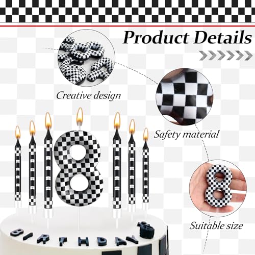 13 Pcs Racing Cars Themed Birthday Candles Black and White Race Number 8 Checkered Candle Cake Topper for Racing Car Party Decoration Supplies (13 Count)